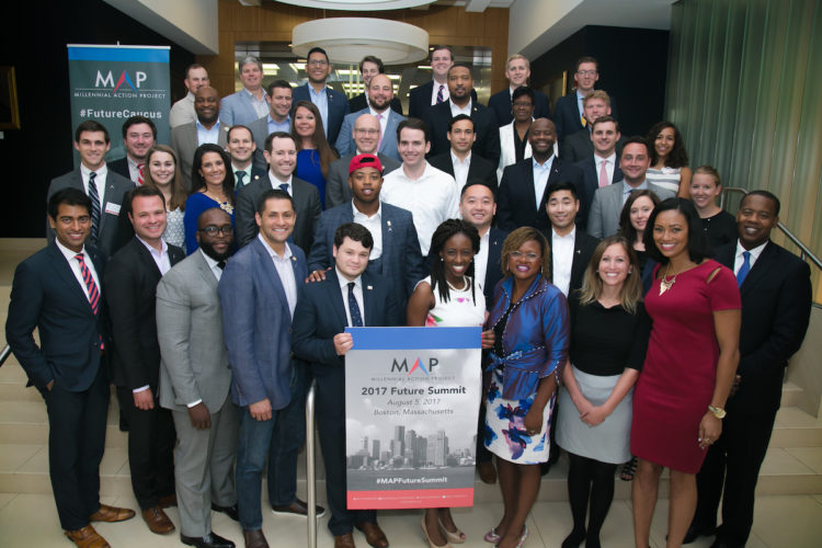 Steven Olikara (first row, far left) is the founder and CEO of Millennial Action Project. Here, he stands with a group of nonpartisan, millennial lawmakers.