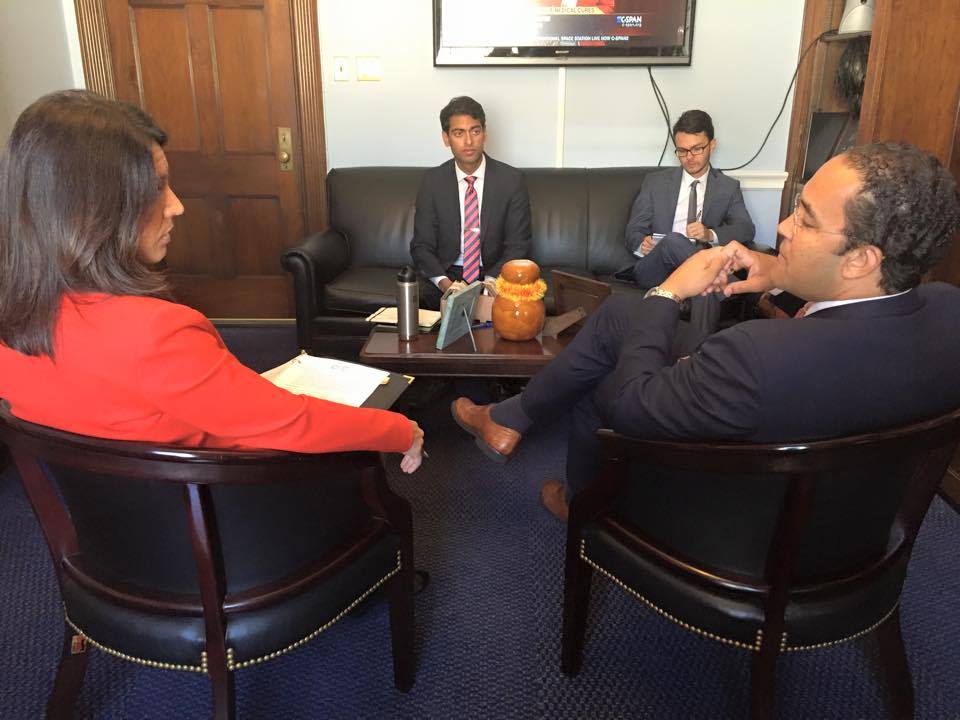 Photo Credit: Office of Congressman Will Hurd—Behind the scenes of MAP’s President Steven Olikara’s (center) meeting with&nbsp;Congressional Future Caucus Co-Chairs Rep. Gabbard (left) and Rep. Hurd (right) discussing&nbsp;the caucus’ millennial-foc…